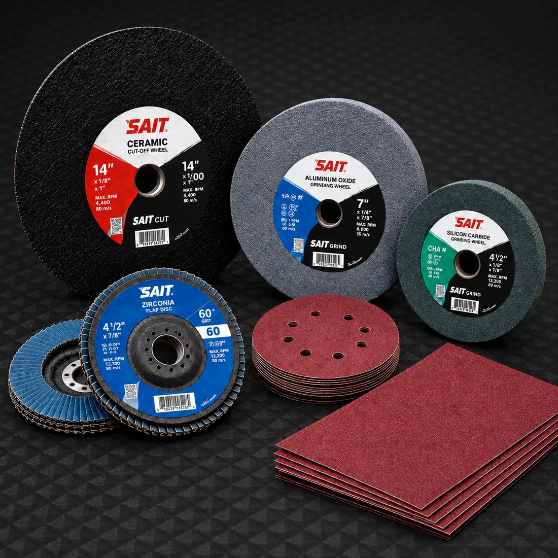 Industrial abrasives on a dark textured surface
