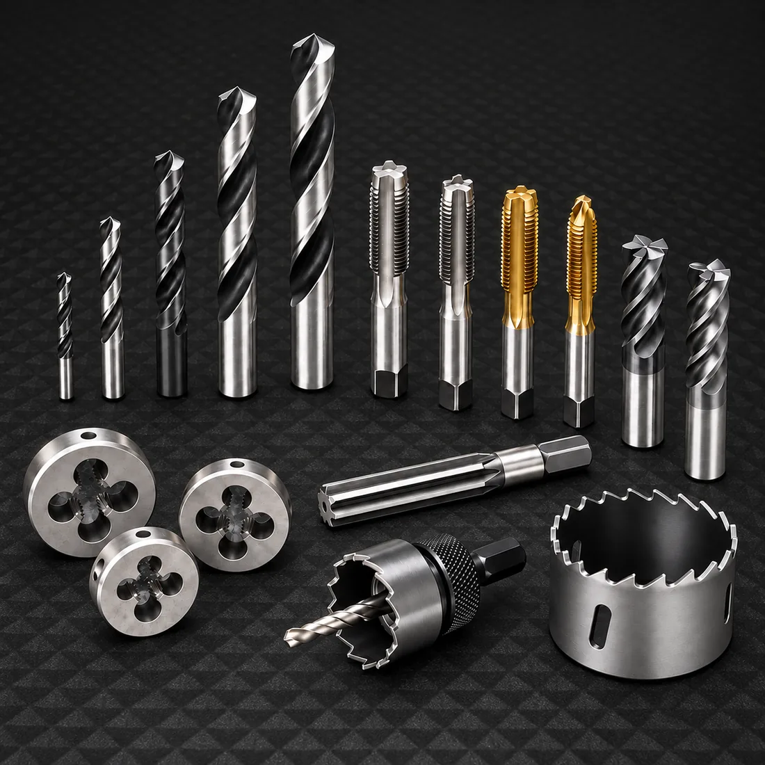 Industrial cutting tools on a dark textured surface