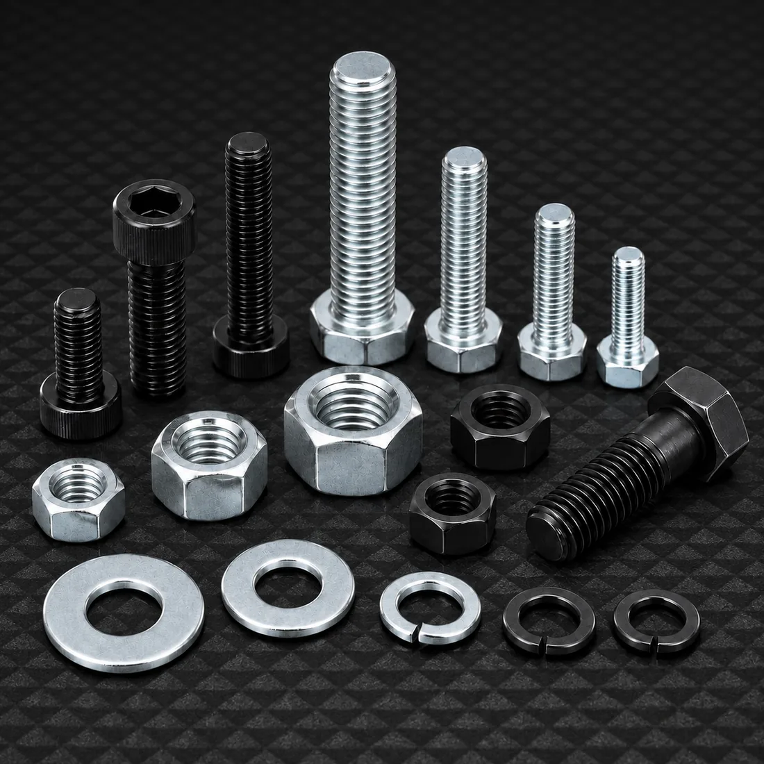 Industrial fasteners arranged on a reflective black surface