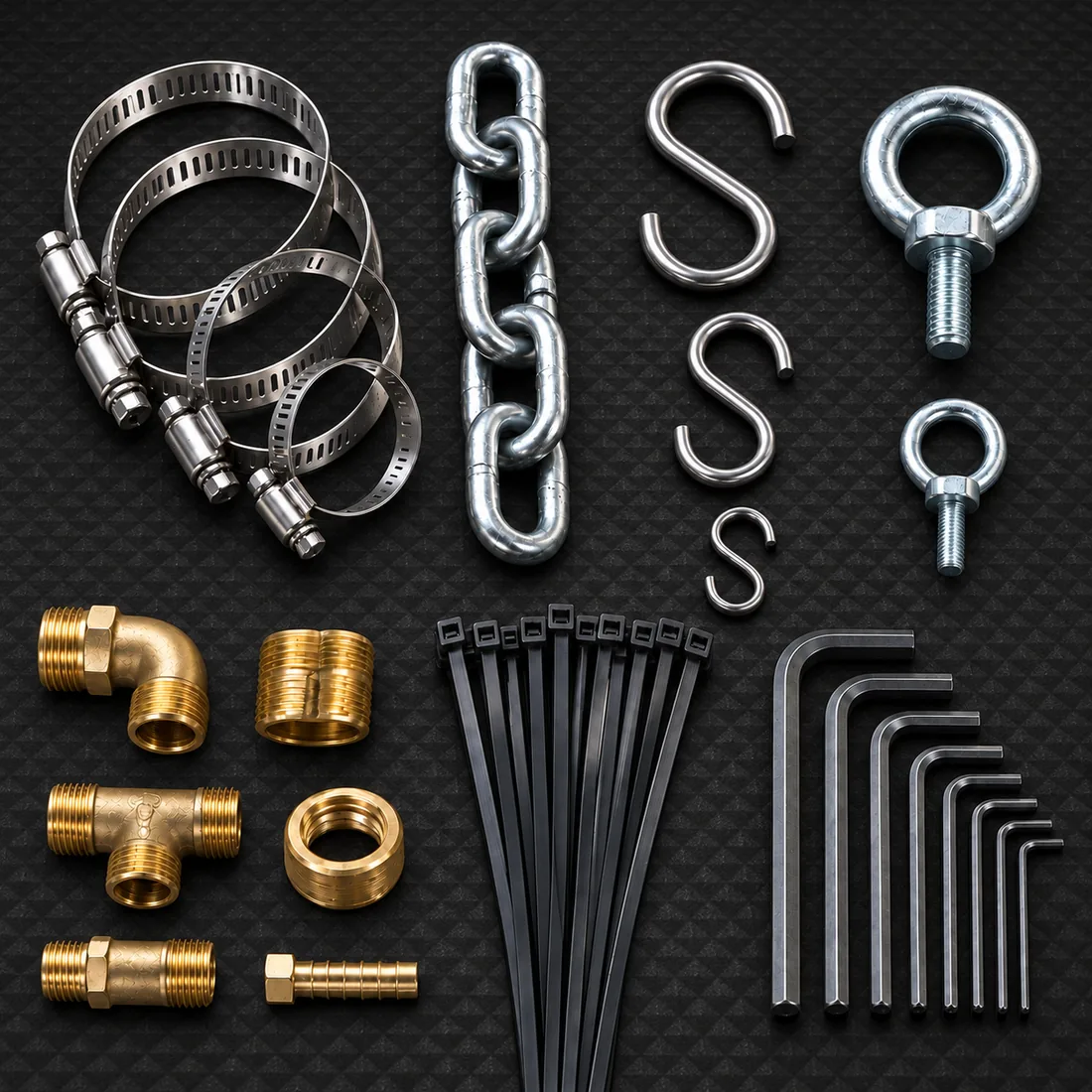 Industrial hardware arranged from a top view on a dark surface
